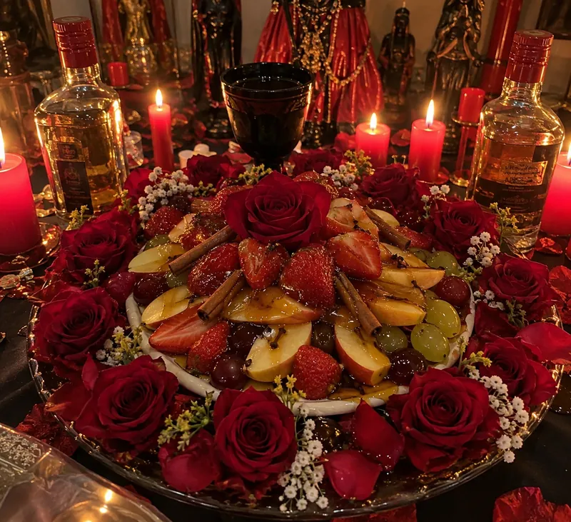 Frutas com mel e rosas vermelhas para Adoçamento Amoroso