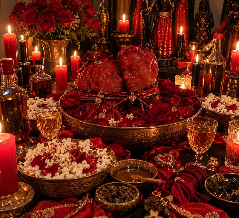 Altar com velas vermelhas e rosas para Amarração Amorosa