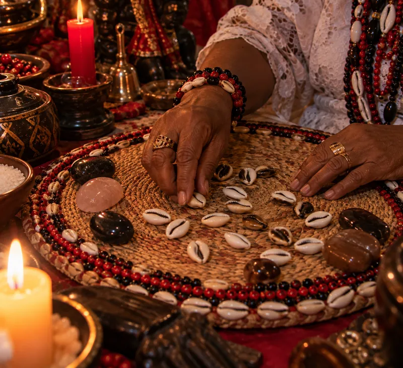 Mãos jogando búzios em consulta espiritual